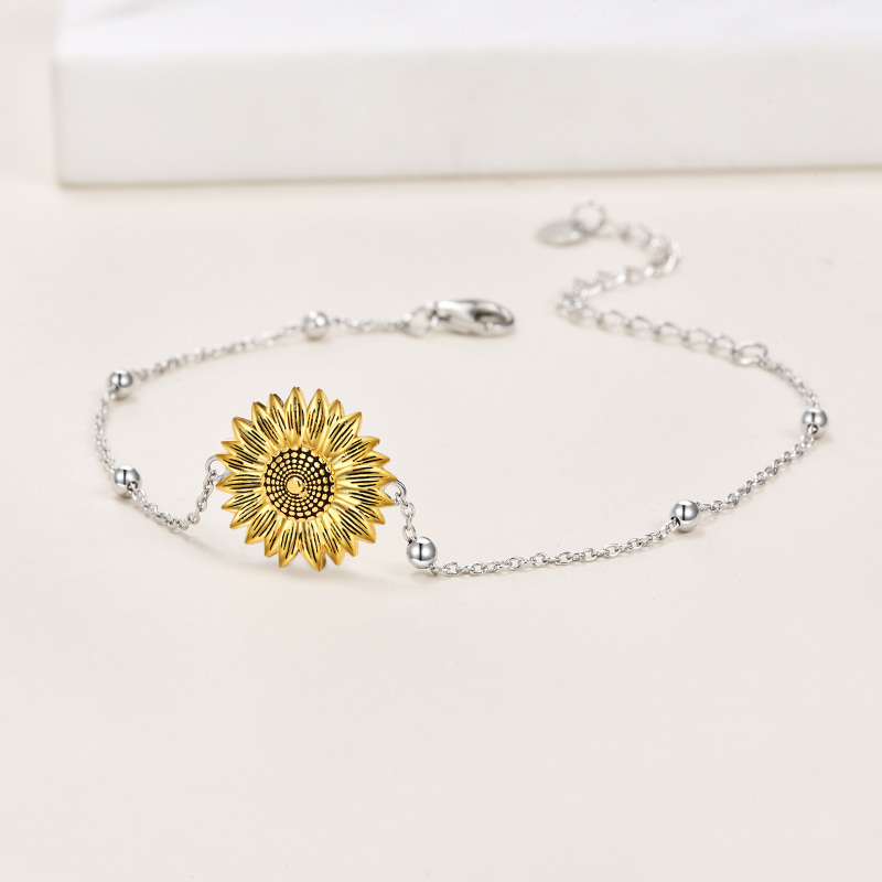 Sterling Silver Two-tone Sunflower Charm Bracelet-3