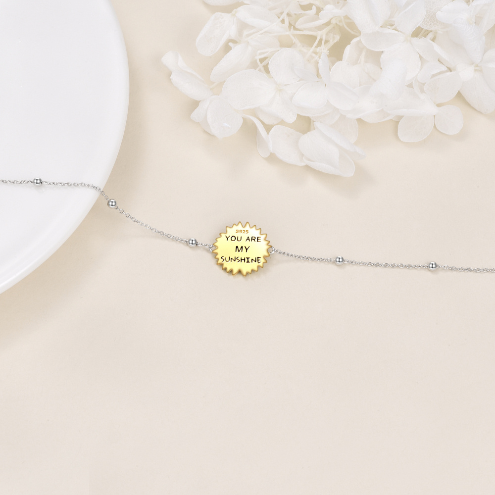 Sterling Silver Two-tone Sunflower Charm Bracelet-4