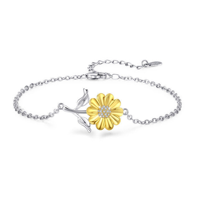 Sterling Silver Two-tone Cubic Zirconia Sunflower Pendant Bracelet for Women Girls-1