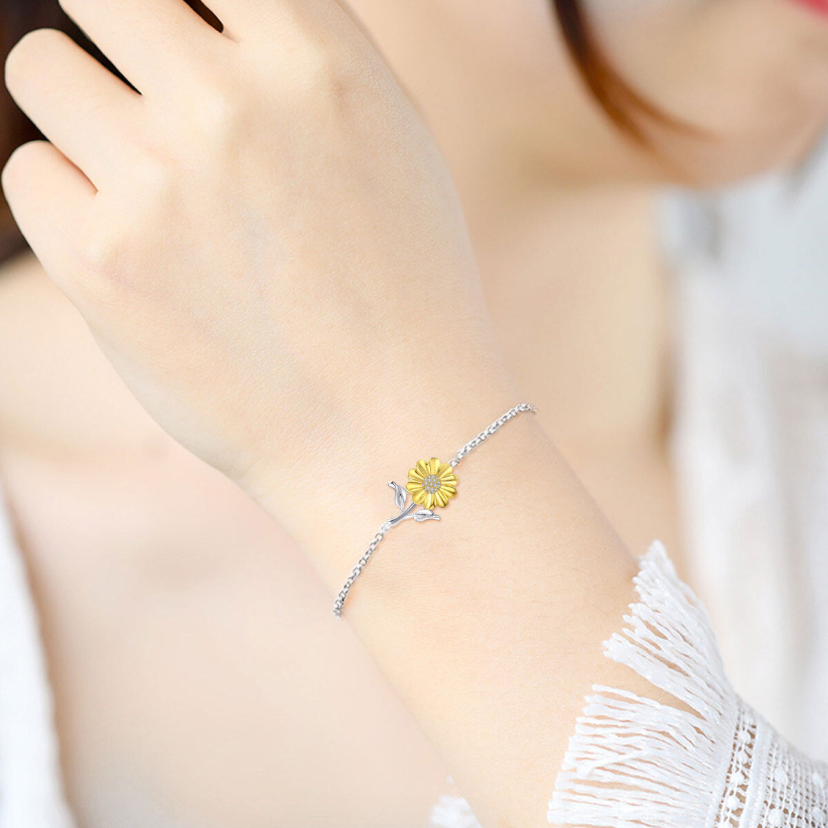 Armband aus zweifarbigem Sterlingsilber mit Sonnenblumen-Anhänger und Zirkonia für Frauen und Mädchen-2