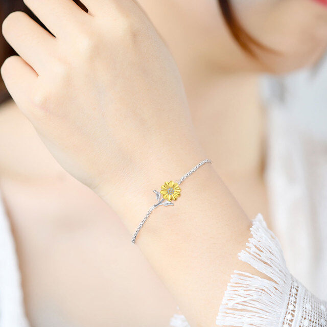 Armband aus zweifarbigem Sterlingsilber mit Sonnenblumen-Anhänger und Zirkonia für Frauen und Mädchen-2