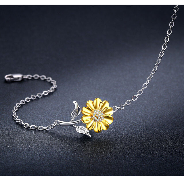 Sterling Silver Two-tone Cubic Zirconia Sunflower Pendant Bracelet for Women Girls-4