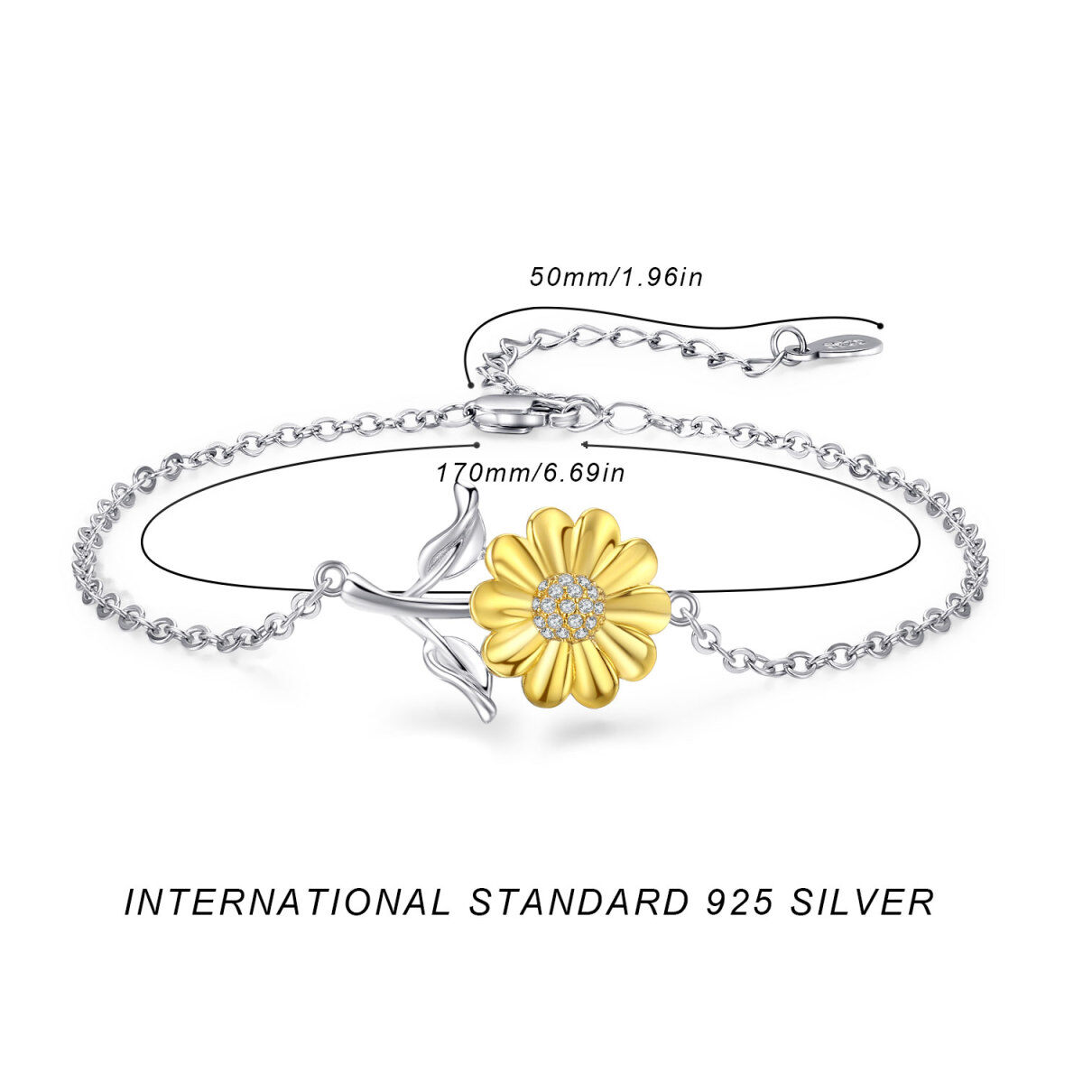 Sterling Silver Two-tone Cubic Zirconia Sunflower Pendant Bracelet for Women Girls-5