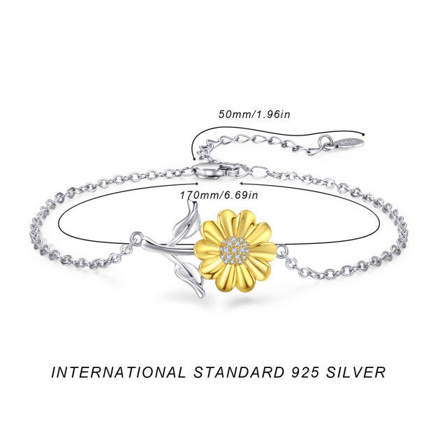 Sterling Silver Two-tone Cubic Zirconia Sunflower Pendant Bracelet for Women Girls-5