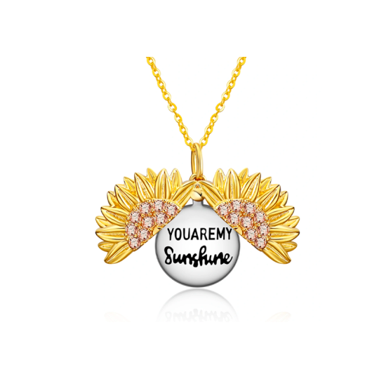 Collana con ciondolo a forma di girasole in argento sterling bicolore con incisione You Are My Sunshine