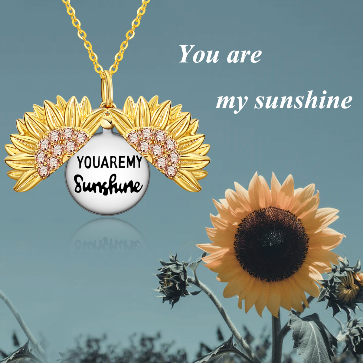 Collar de plata de ley de dos tonos Sunflower Pendant Locket Collar grabado You Are My Sunshine-3