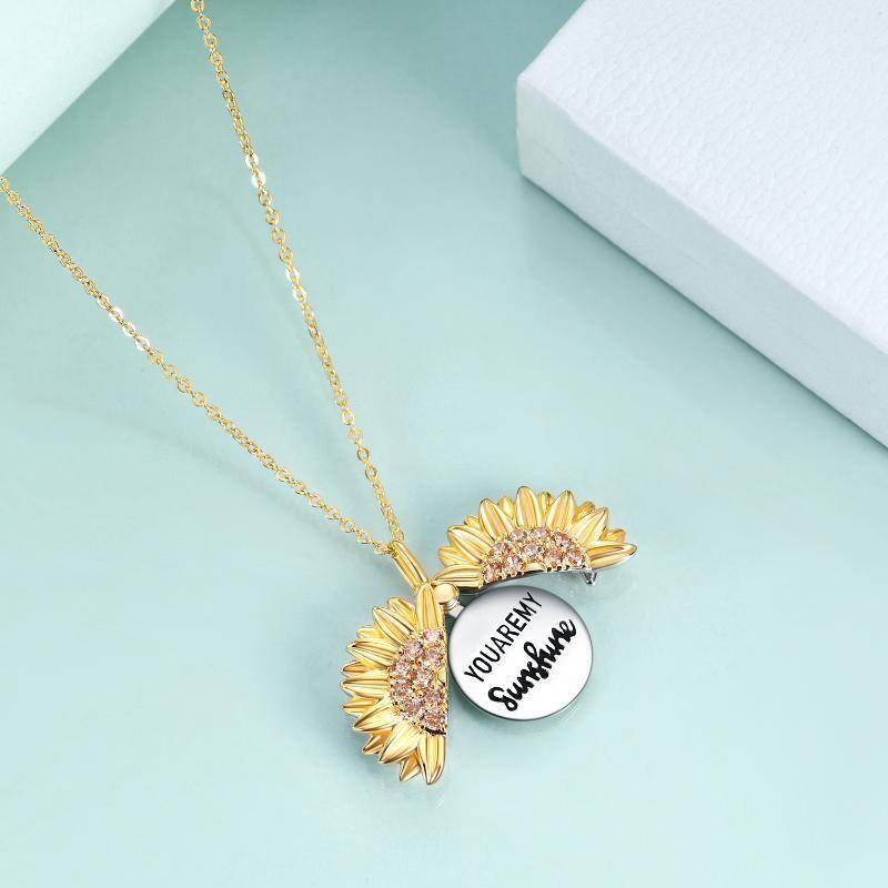 Collar de plata de ley de dos tonos Sunflower Pendant Locket Collar grabado You Are My Sunshine-4