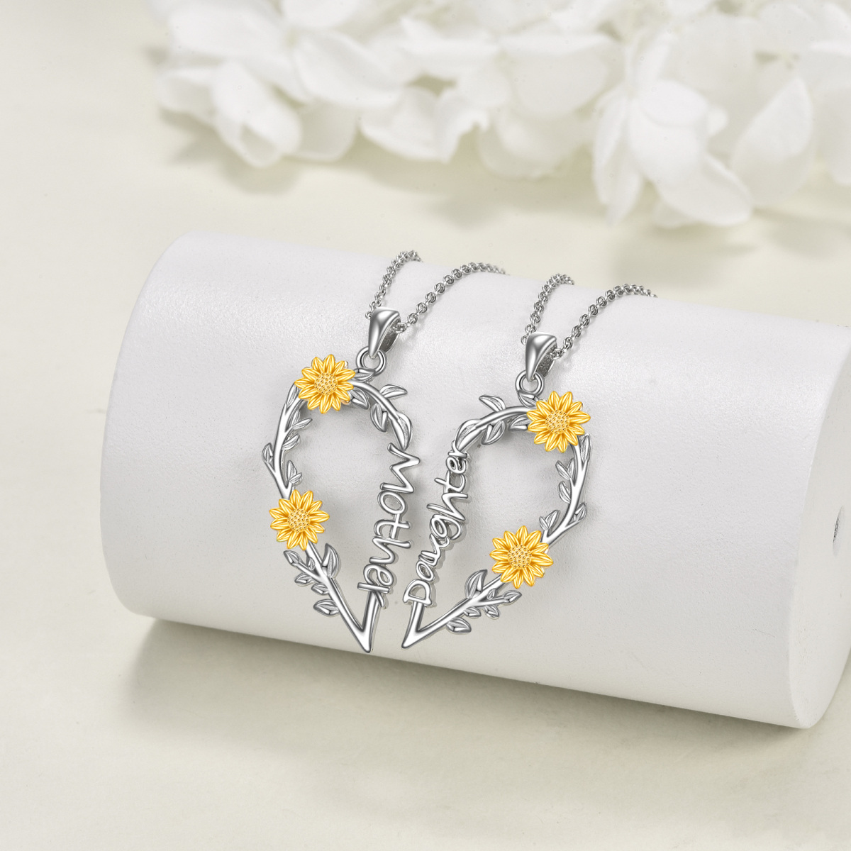 Collana con ciondolo a forma di girasole in argento sterling bicolore per madre e figlia-3