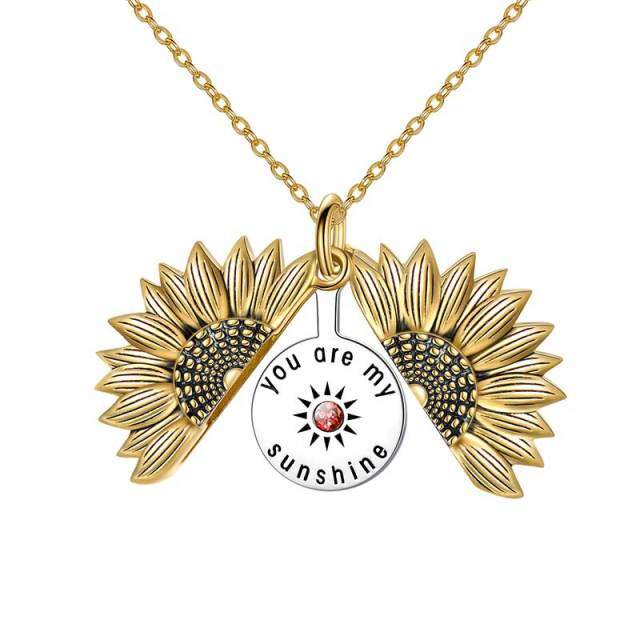 Sterling Silver Two-tone Cubic Zirconia Sunflower Pendant Necklace with Engraved Word-1