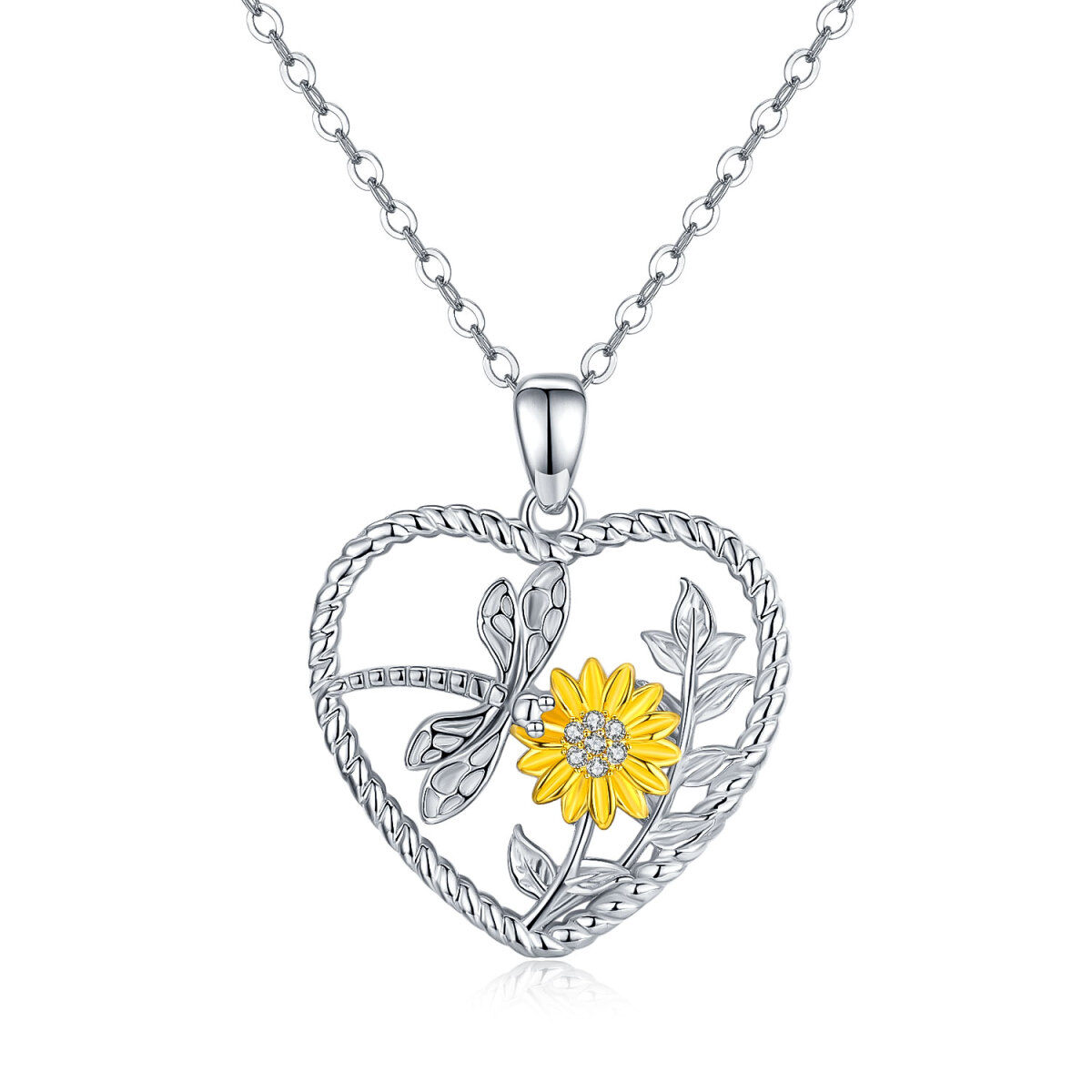 Zweifarbige Halskette mit Sonnenblumen-Anhänger aus Sterlingsilber mit Zirkonia-1