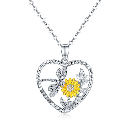 Sterling Silver Two-tone Cubic Zirconia Sunflower Pendant Necklace