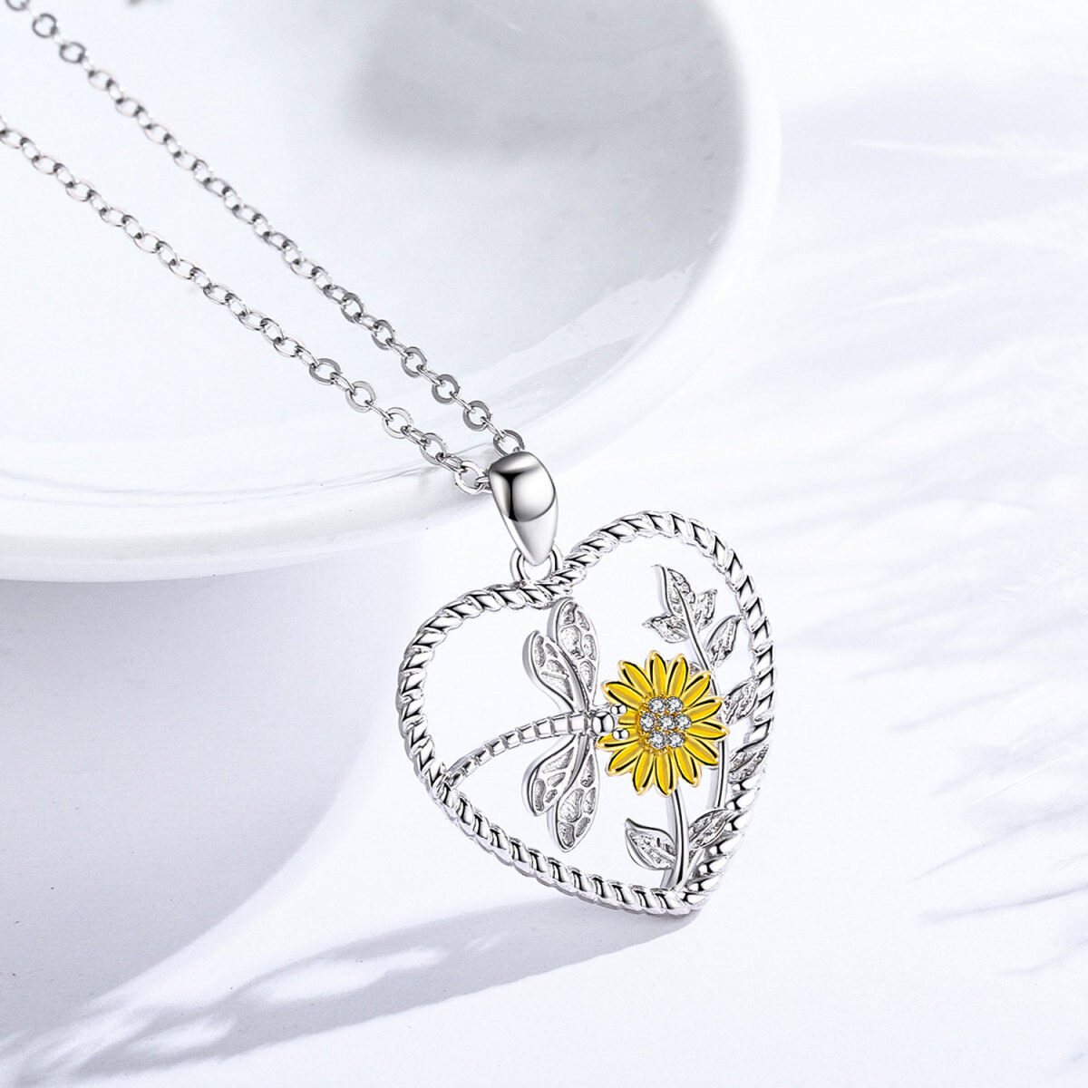 Zweifarbige Halskette mit Sonnenblumen-Anhänger aus Sterlingsilber mit Zirkonia-4