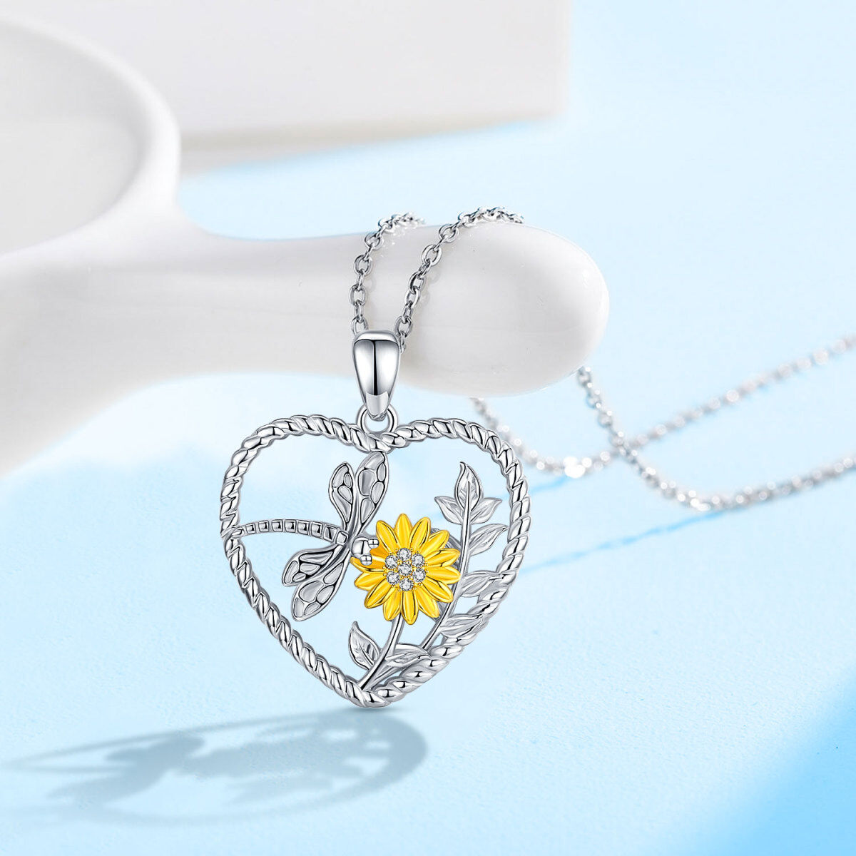 Sterling Silver Two-tone Cubic Zirconia Sunflower Pendant Necklace-6