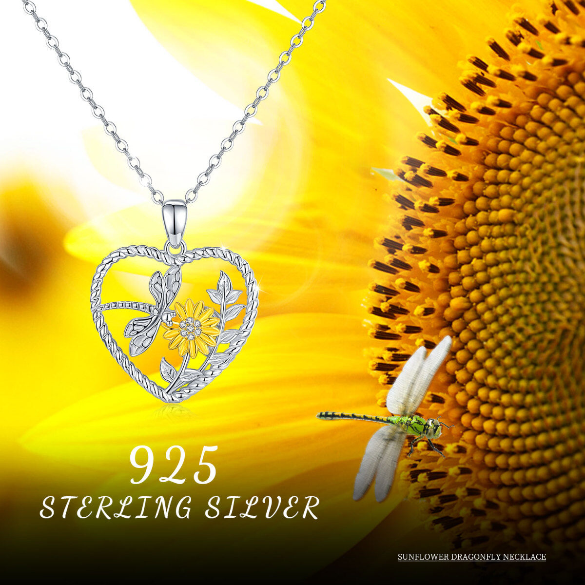 Zweifarbige Halskette mit Sonnenblumen-Anhänger aus Sterlingsilber mit Zirkonia-7