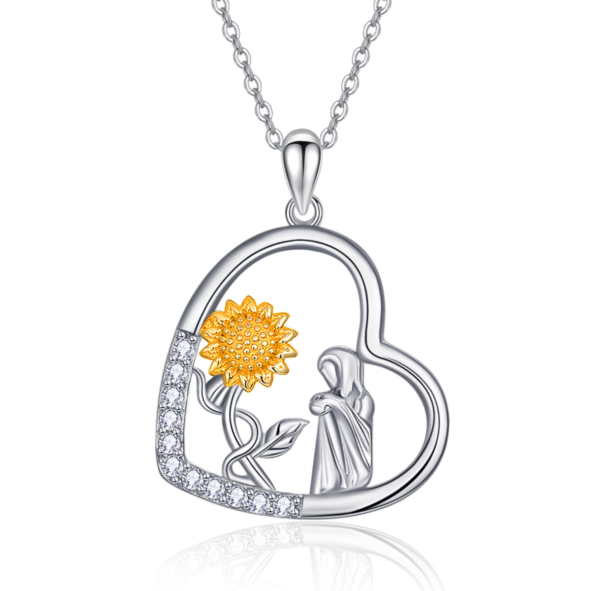 Sterling Silver Two-tone Cubic Zirconia Sunflower Pendant Necklace-1