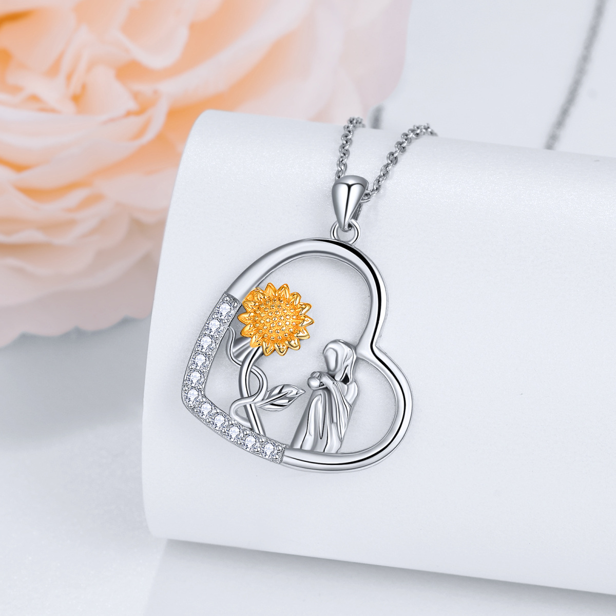 Collier avec pendentif tournesol en argent sterling et oxyde de zirconium bicolore-4