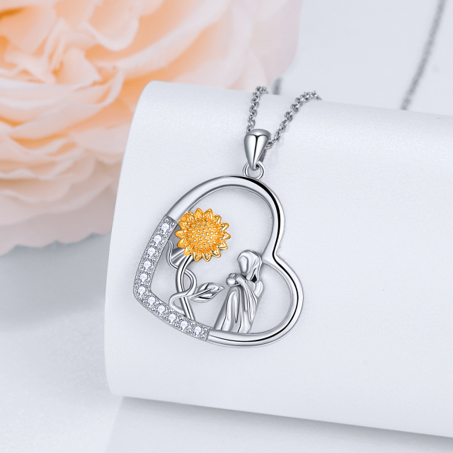 Zweifarbige Halskette mit Sonnenblumen-Anhänger aus Sterlingsilber mit Zirkonia-4