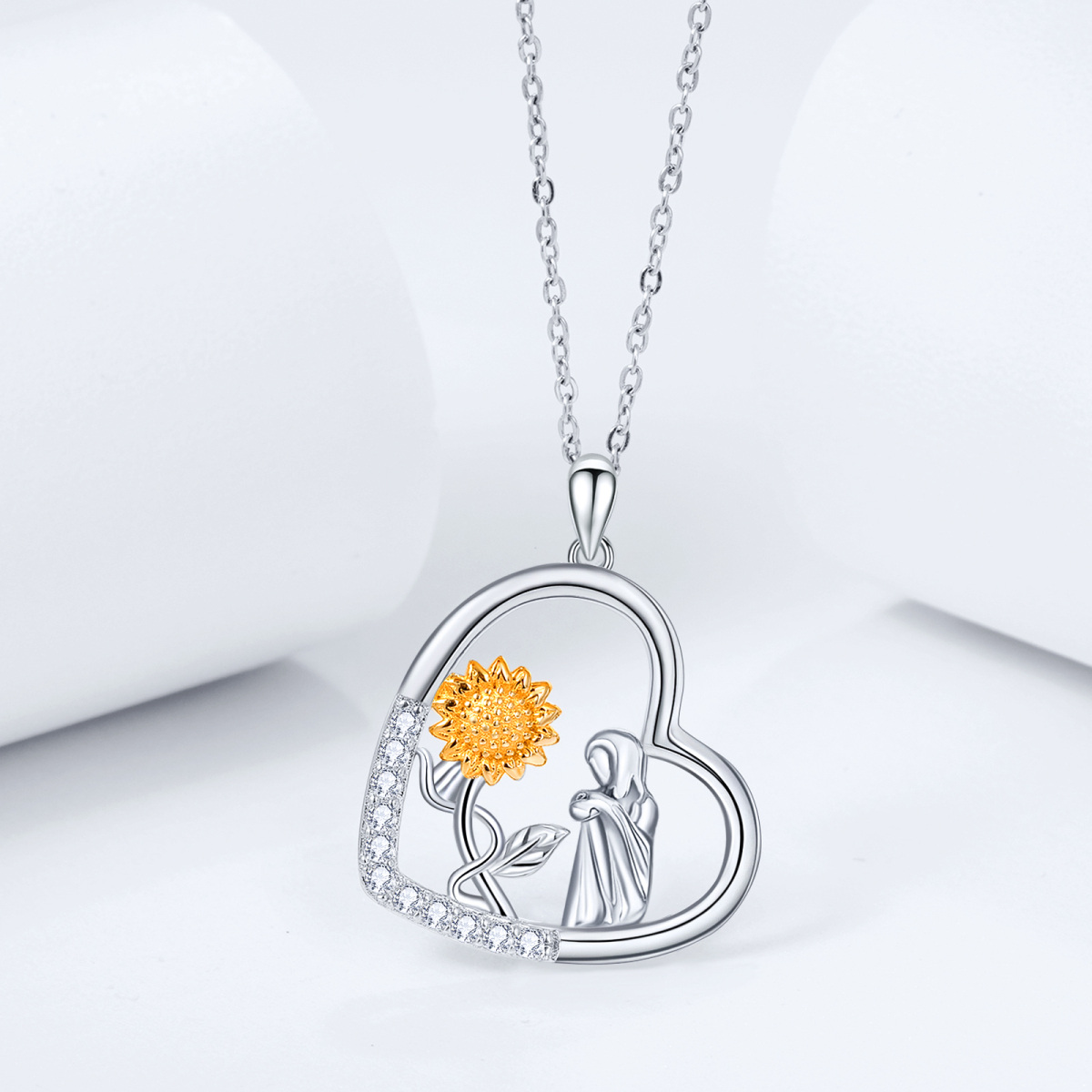 Sterling Silver Two-tone Cubic Zirconia Sunflower Pendant Necklace-5