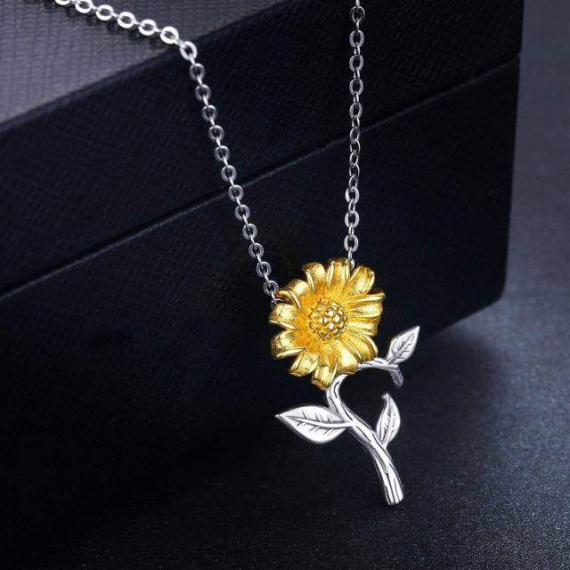 Sterling Silver Two-tone Sunflower Pendant Necklace-4