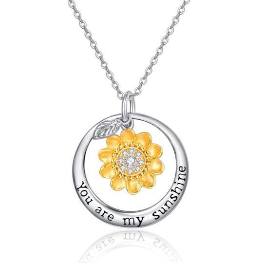 Sterling Silver Two-tone Cubic Zirconia Sunflower Pendant Necklace with Engraved Word