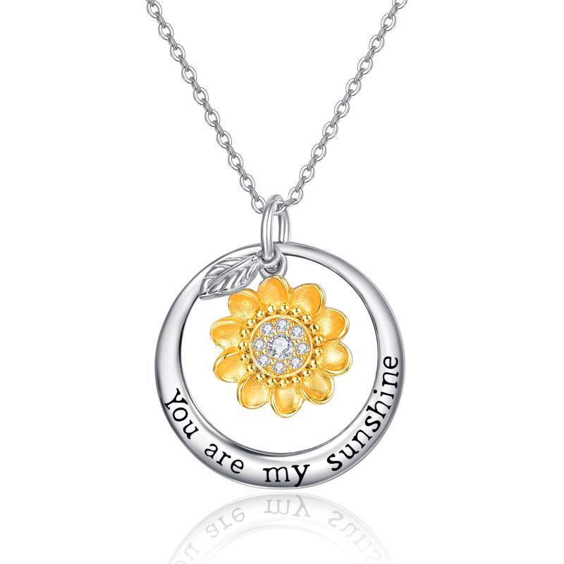 Sterling Silver Two-tone Cubic Zirconia Sunflower Pendant Necklace with Engraved Word-5