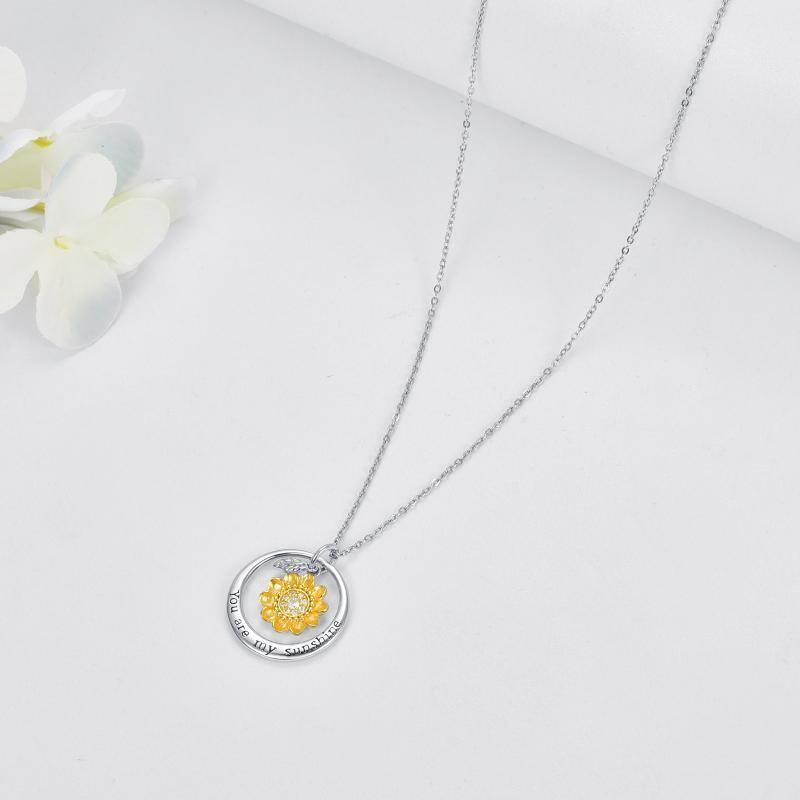 Sterling Silver Two-tone Cubic Zirconia Sunflower Pendant Necklace with Engraved Word-4