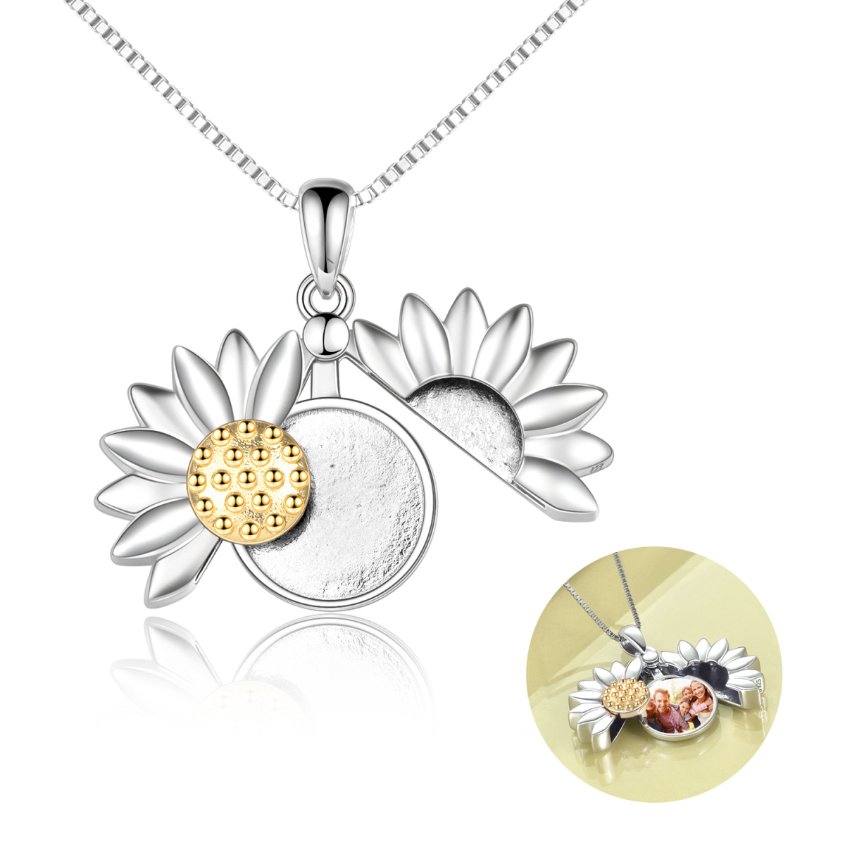 Collier en argent sterling avec pendentif photo personnalisé en forme de tournesol bicolore et chaîne en forme de boîte-1