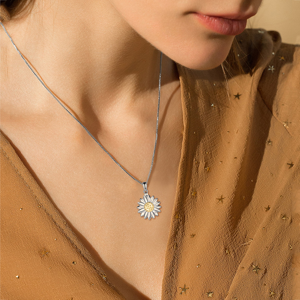 Collana con medaglione personalizzato in argento sterling bicolore con girasole e catena a scatola-2