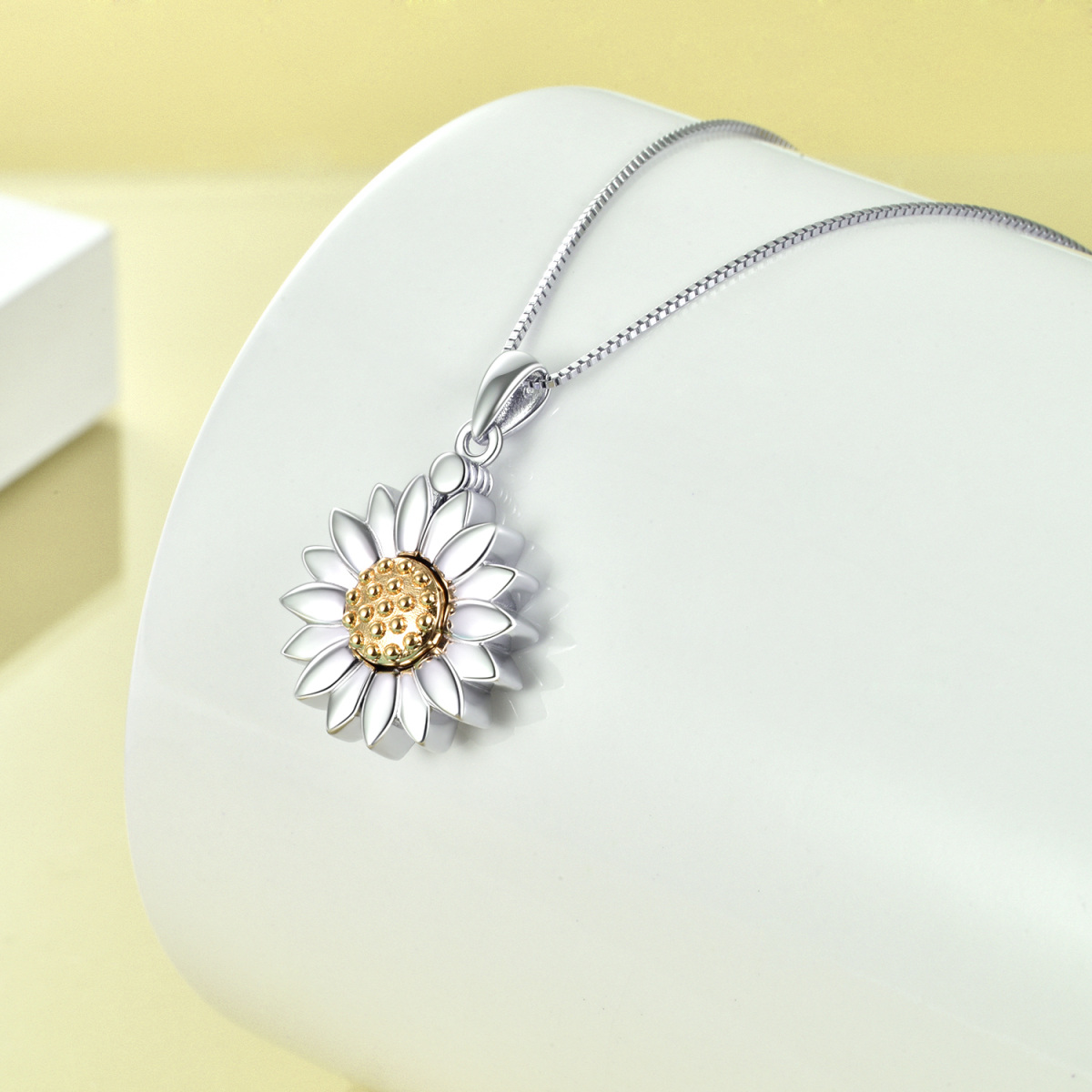 Sterling Silver Two-tone Sunflower Personalized Photo Locket Necklace with Box Chain-3