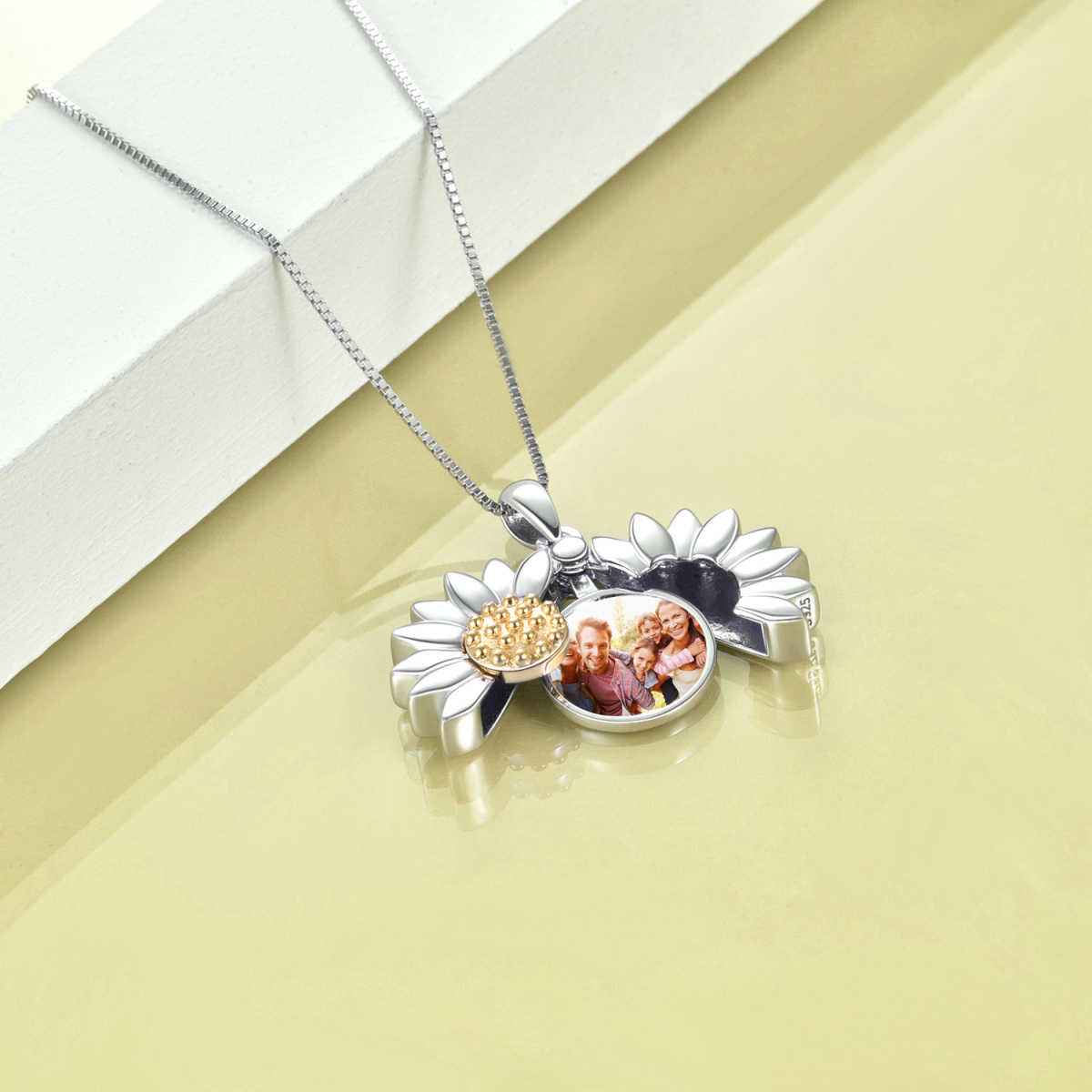 Sterling zilveren tweekleurige zonnebloem gepersonaliseerde fotozak ketting met doosketting-4