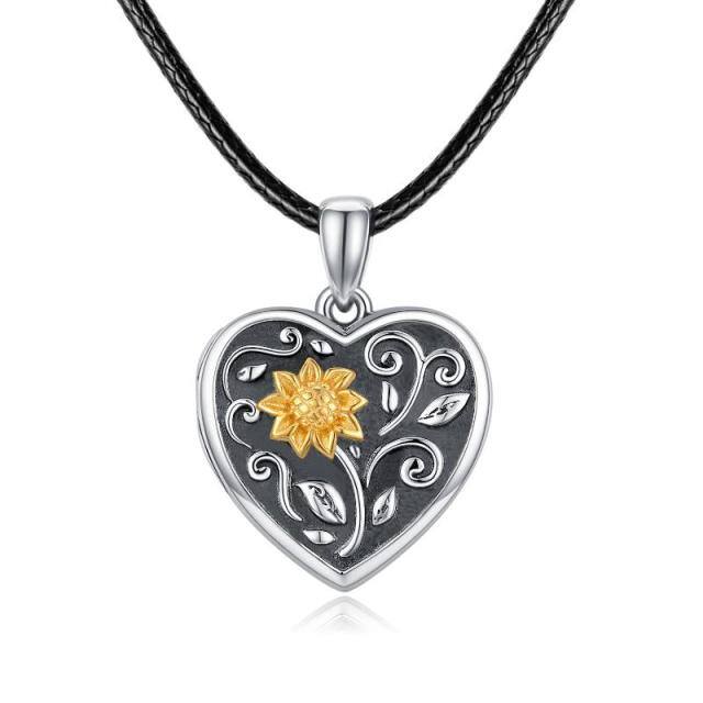 Sterling Silver Two-tone Sunflower Personalized Photo Locket Necklace-1