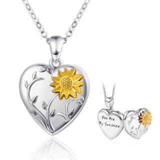 Sterling Silver Two-tone Sunflower Personalized Photo Locket Necklace with Engraved Word-39