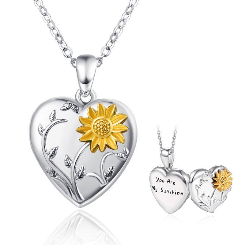 Sterling Silver Two-tone Sunflower Personalized Photo Locket Necklace with Engraved Word-16