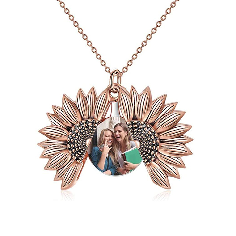 Sterling Silver Two-tone Sunflower Engraved Personalized Photo Locket Necklace for Women-1