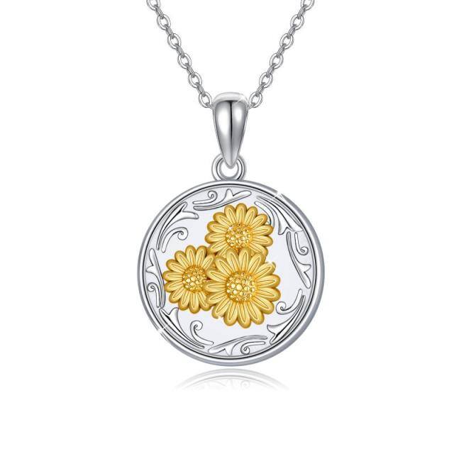 Collier médaillon photo personnalisé tournesol bicolore en argent sterling-1