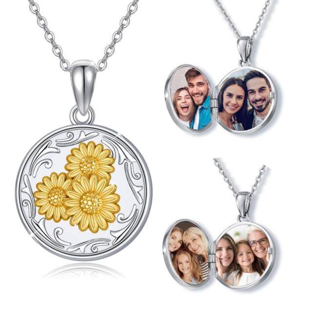 Collar con medallón con foto personalizado de girasol en dos tonos de plata de ley-4