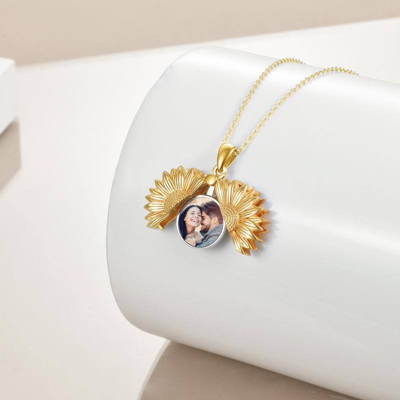 Colar com medalhão de foto personalizado de girassol em prata esterlina de dois tons para mulheres-3