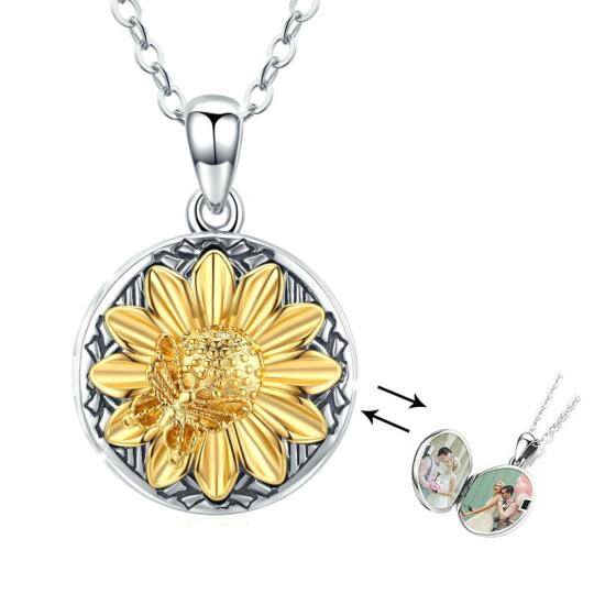 Collier avec médaillon photo personnalisé en argent sterling et oxyde de zirconium bicolore tournesol