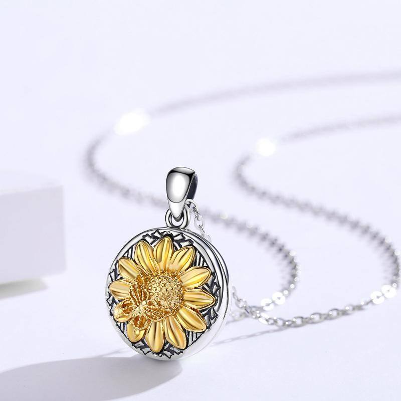 Sterling Silver Two-tone Cubic Zirconia Sunflower Personalized Photo Locket Necklace-5