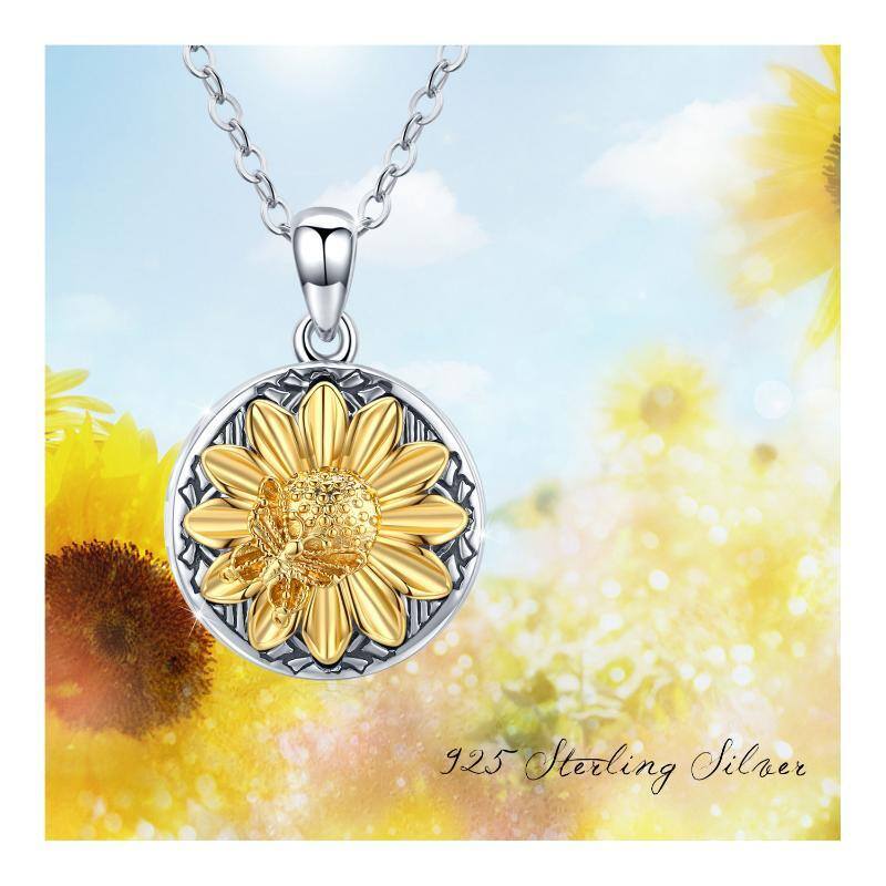 Sterling Silver Two-tone Cubic Zirconia Sunflower Personalized Photo Locket Necklace-6