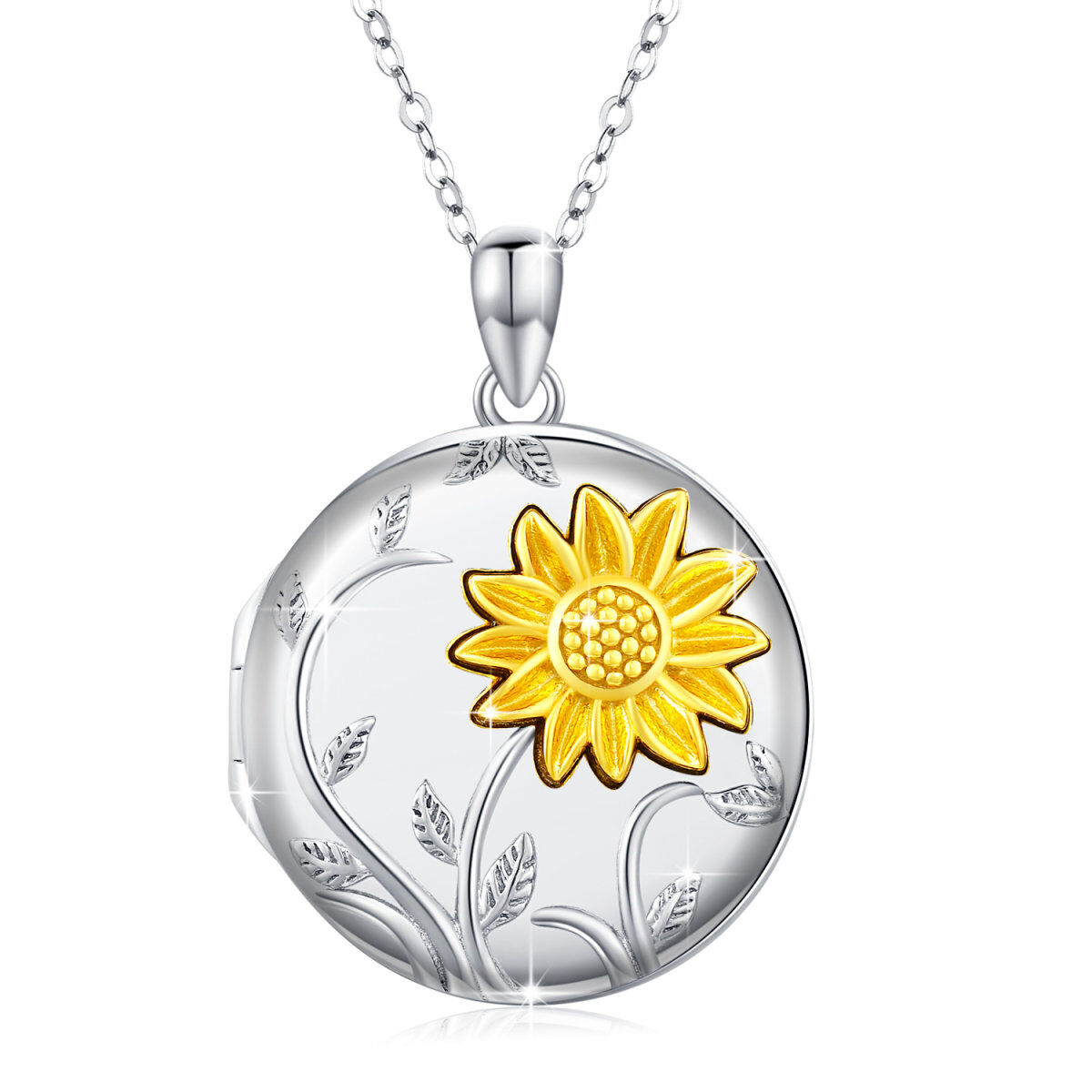 Collar con medallón con foto personalizado de girasol en dos tonos de plata de ley-1