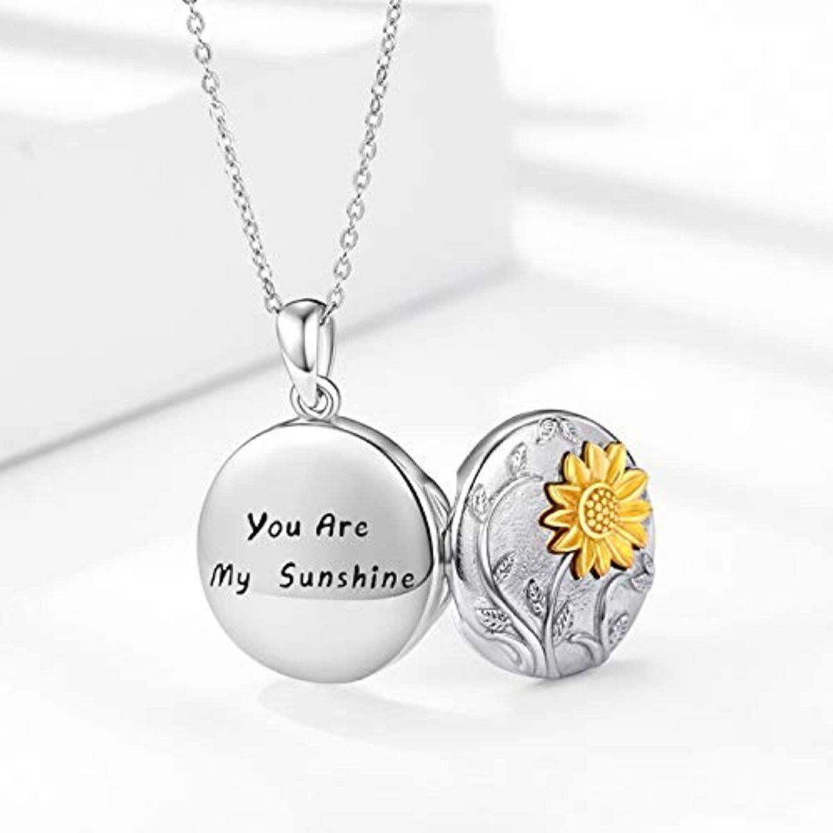 Collier médaillon photo personnalisé tournesol bicolore en argent sterling-3