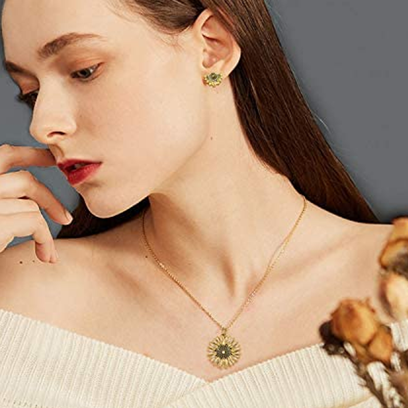 Sterling Silver Two-tone Sunflower Engraved Personalized Photo Locket Necklace for Women-2