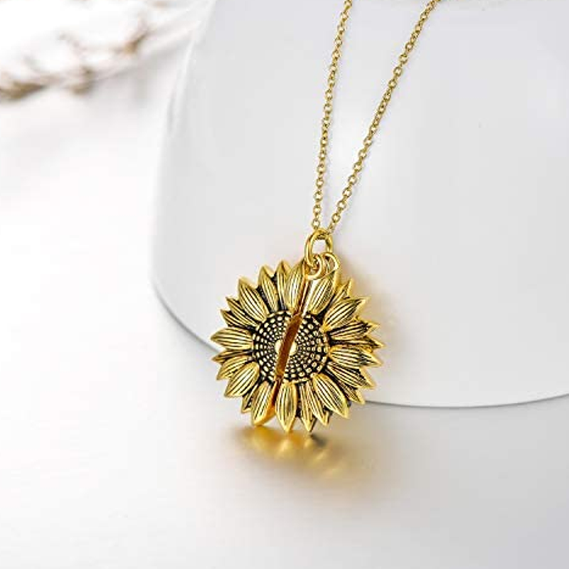 Sterling Silver Two-tone Sunflower Engraved Personalized Photo Locket Necklace for Women-3