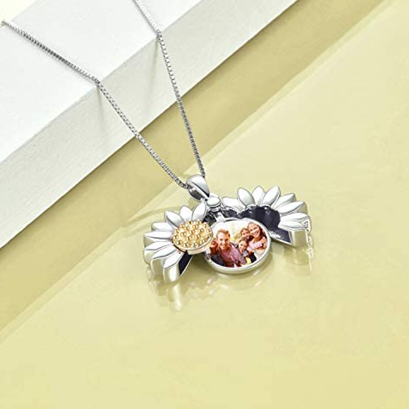 Sterling Silver Two-tone Sunflower Engraved Personalized Photo Locket Necklace for Women-4