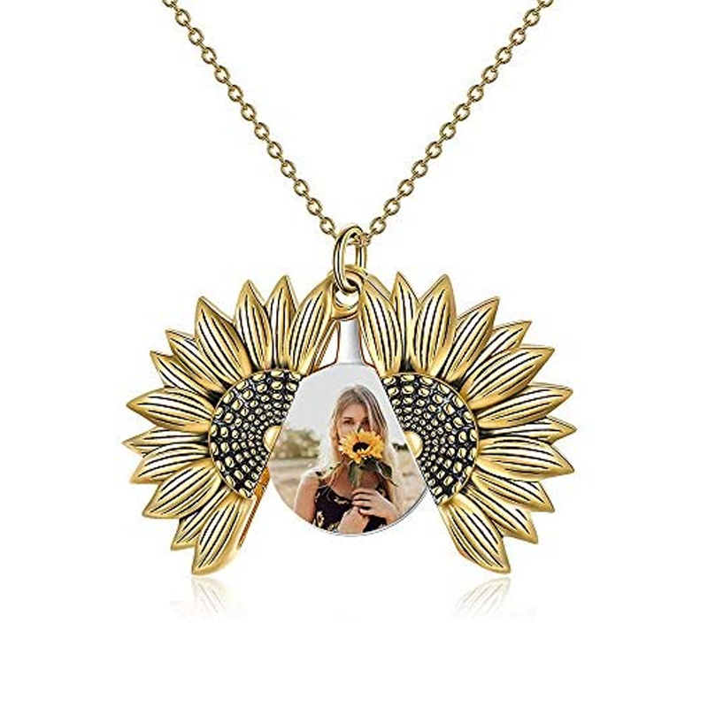 Sterling Silver Two-tone Sunflower Engraved Personalized Photo Locket Necklace for Women-5