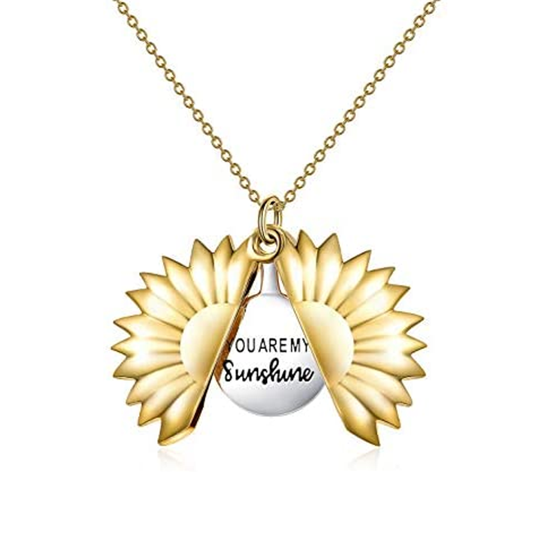 Sterling Silver Two-tone Sunflower Engraved Personalized Photo Locket Necklace for Women-6