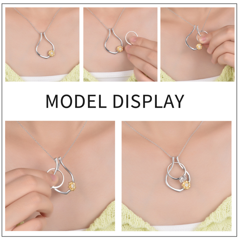 Collana con ciondolo porta-anello a forma di girasole bicolore in argento sterling-4
