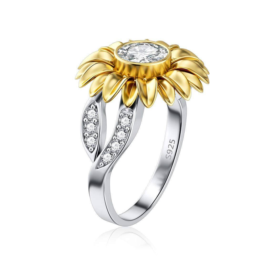 Anillo de plata de ley con girasol y circonita cúbica de dos tonos-1