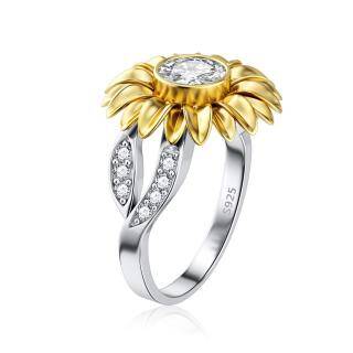 Sterling Silver Two-tone Cubic Zirconia Sunflower Ring-3